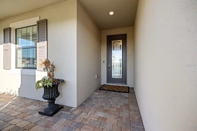 a view of a hallway with wooden floor and a potted plant