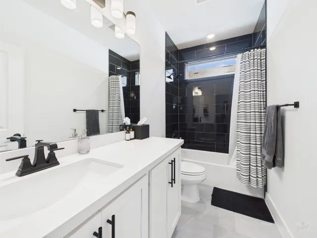 a bathroom with a sink a toilet a shower and a mirror