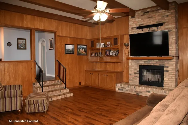 a living room with furniture a flat screen tv and a fireplace