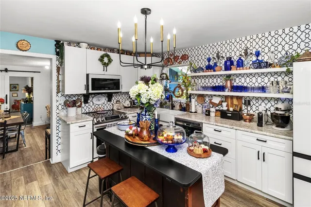 a kitchen with a stove and a microwave