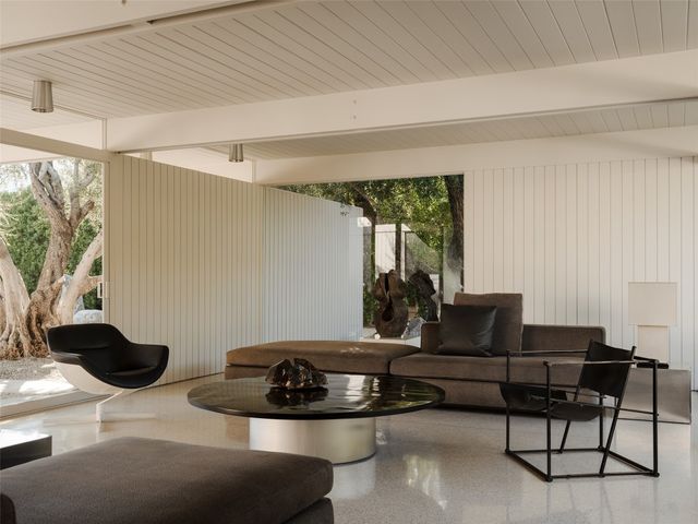 a living room with furniture and a potted plant