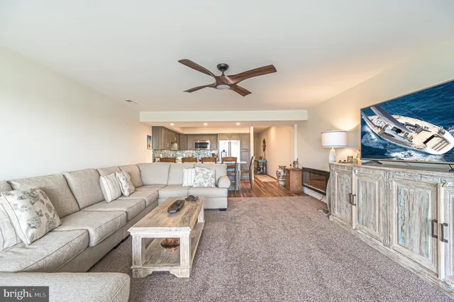 a living room with furniture a ceiling fan and a rug