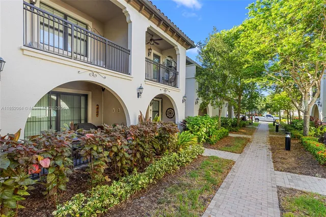 a view of a pathway with flower plants and large trees