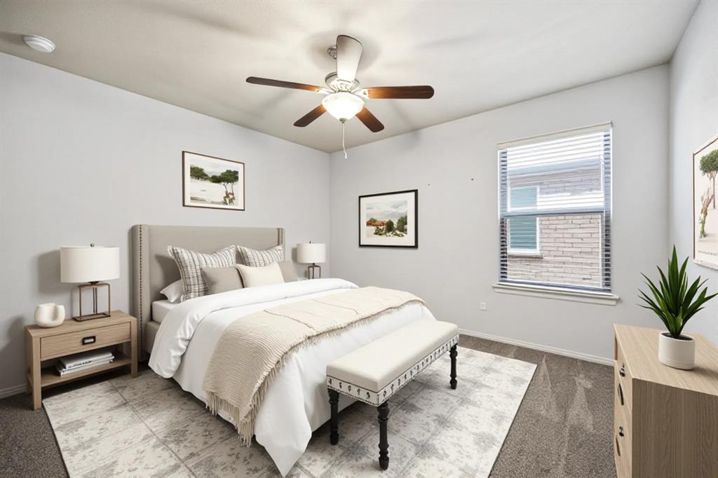 513 Wichita Trail McKinney, TX 75071 - Photo 9 of 15 a spacious bedroom with a bed and a chandelier