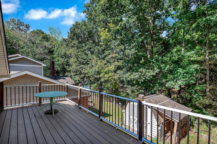 106 Pikes Ridge Anderson, SC 29626 - Photo 30 of 41 An elevated wood deck overlooks a lush wooded backyard complete with a garden shed.