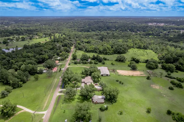 an aerial view of green landscape with trees houses and mountain view