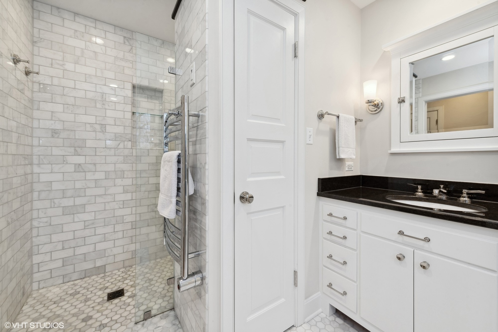 21447 North Andover Road Kildeer, IL 60047 - Photo 16 of 38 a bathroom with a granite countertop sink a mirror and shower