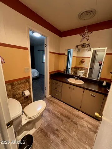 a bathroom with a sink mirror vanity and toilet