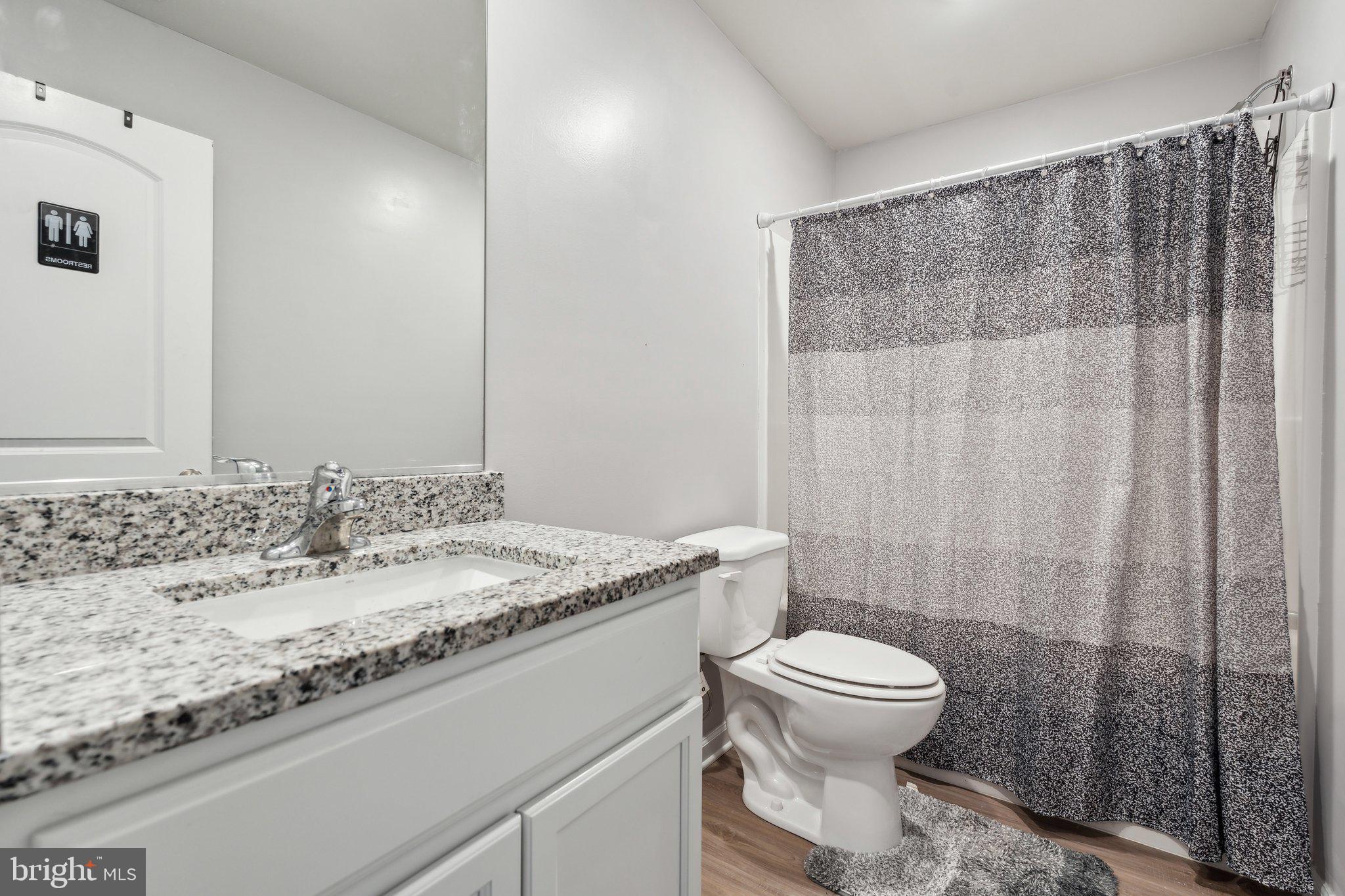 17026 Rollins Road Bowling Green, VA 22427 - Photo 17 of 19 a bathroom with a granite countertop sink a toilet and a mirror