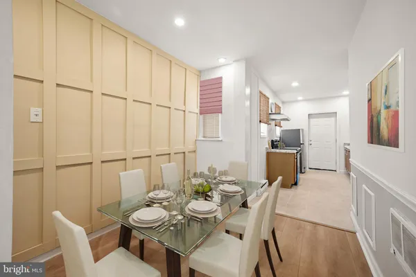 a view of a dining room with furniture