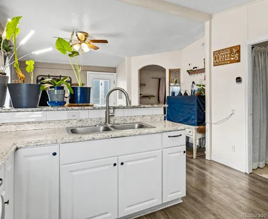 a kitchen with a sink a counter top space and cabinets