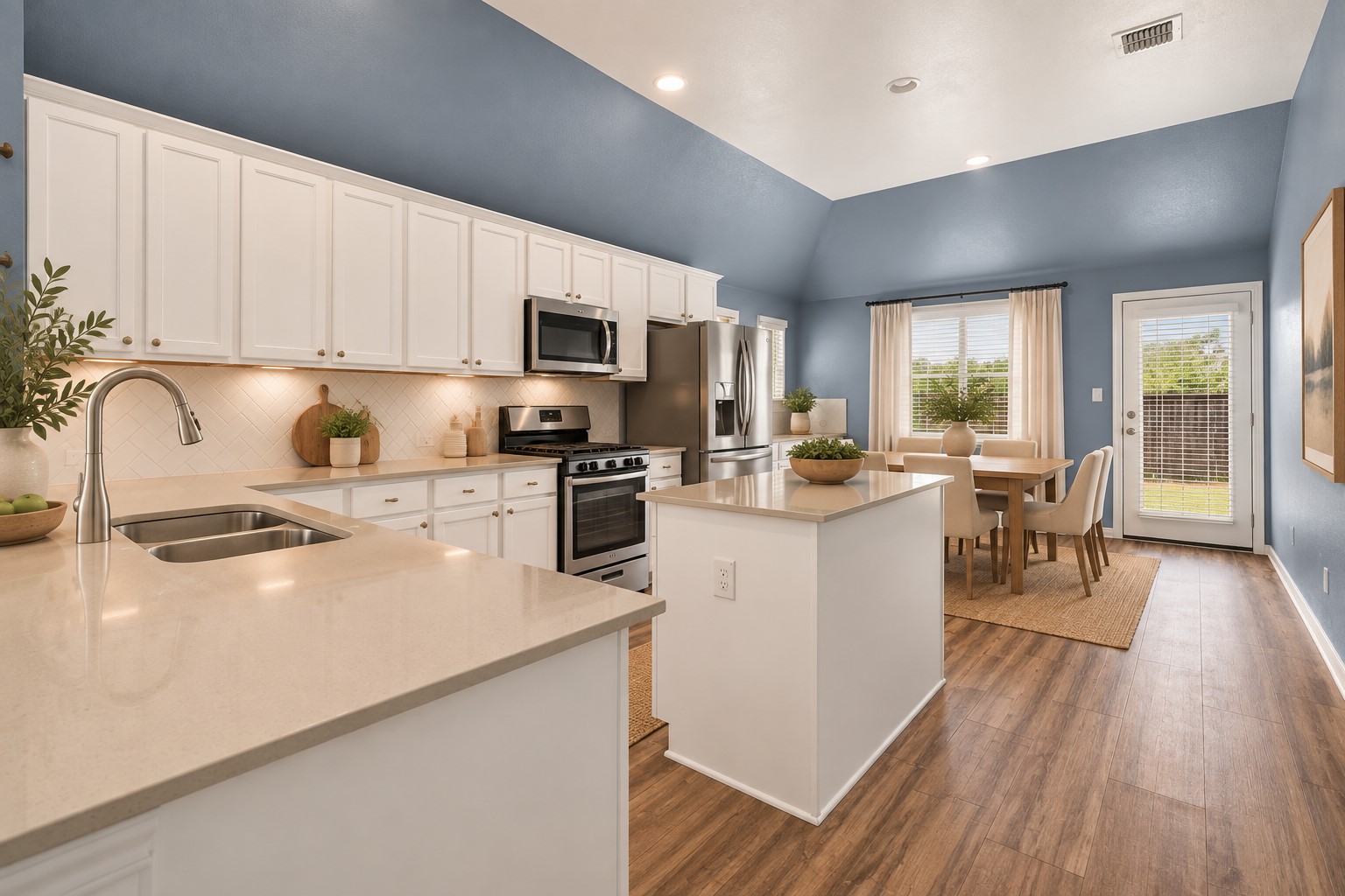 216 Spinnaker Loop Kyle, TX 78640 - Photo 8 of 23 Gleaming stone countertops and classic wood floors anchor this vaulted kitchen and dining space.