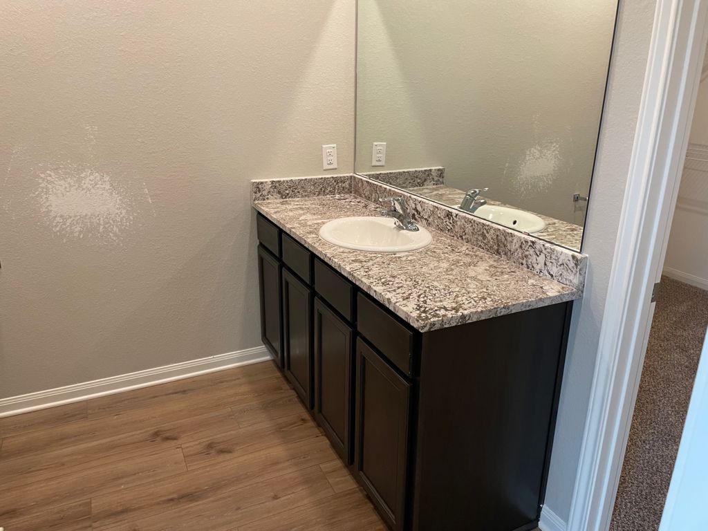109 Declaration Lane Liberty Hill, TX 78642 - Photo 20 of 24 Bathroom featuring vanity, a textured wall, and dark wood-style floors