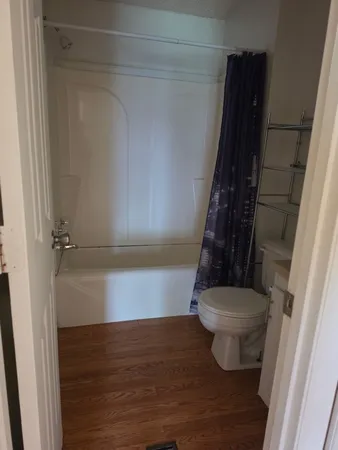 a bathroom with a toilet and a shower curtain