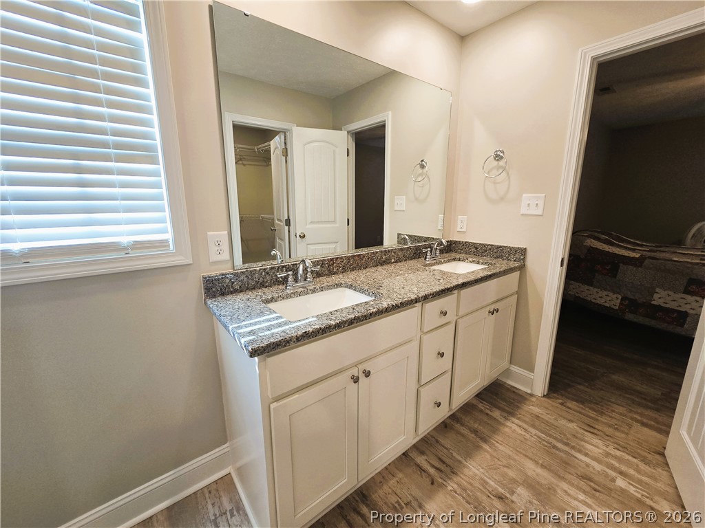 422 Mitchell Farm Road Goldsboro, NC 27530 - Photo 27 of 28 a bathroom with a granite countertop sink and a mirror