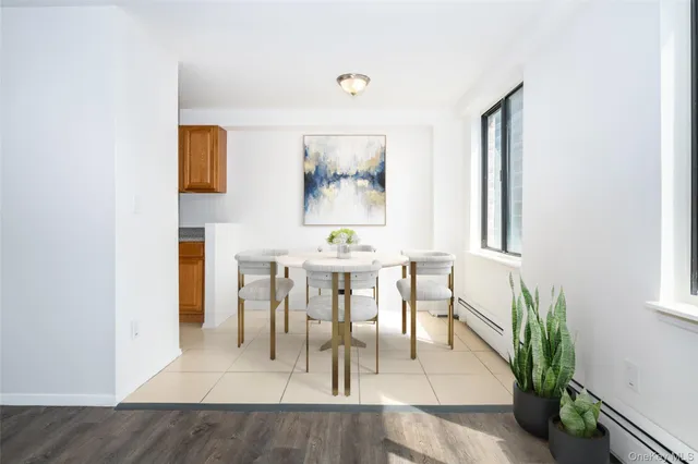 a view of a dining room with furniture and a potted plant