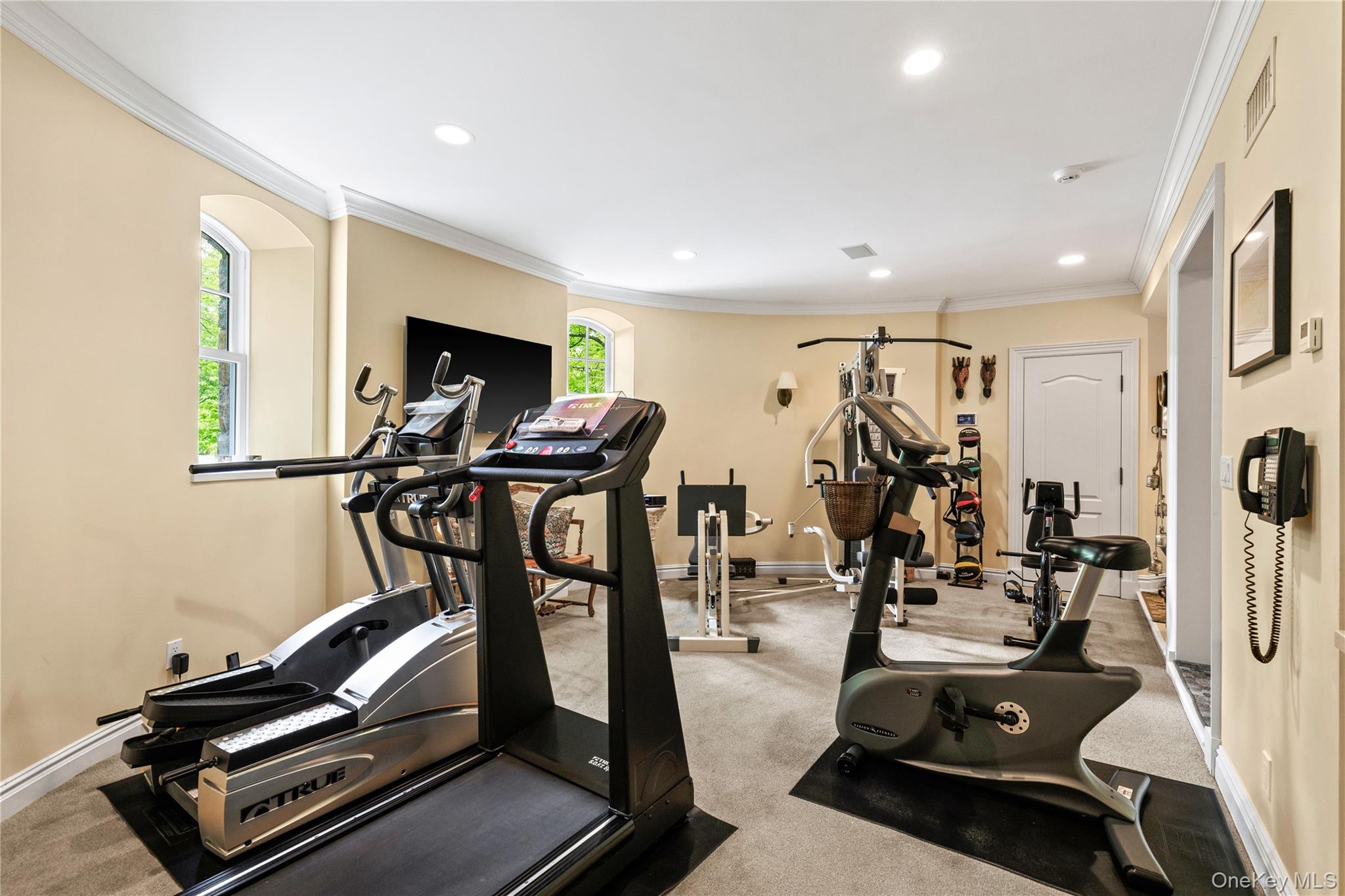 63 Old Mill River Road Pound Ridge, NY 10576 - Photo 33 of 47 a gym room with gym equipment and windows
