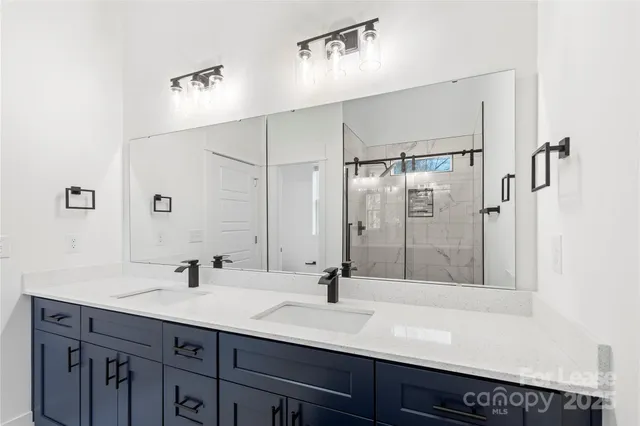 a bathroom with a shower sink and mirror