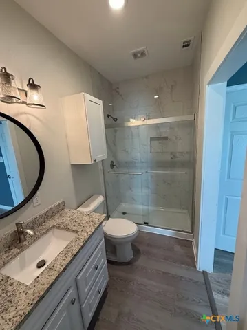 a bathroom with a granite countertop sink toilet and shower