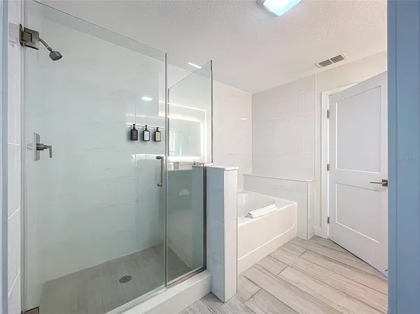 a bathroom with a bathtub and a shower