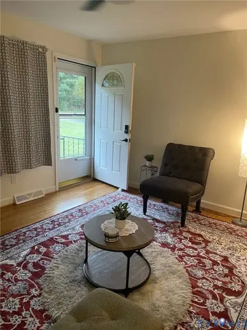 a living room with furniture and a potted plant