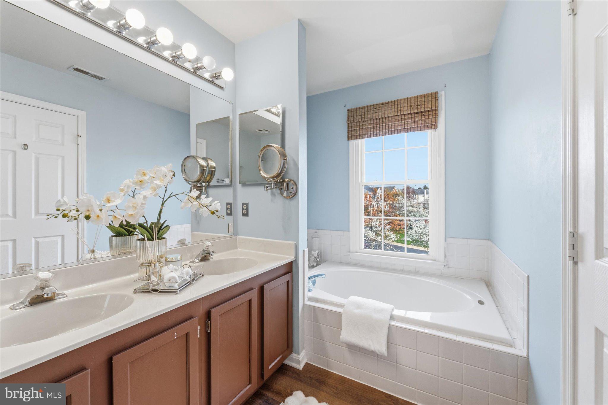 43451 Livery Square Ashburn, VA 20147 - Photo 30 of 51 a bathroom with a tub a sink and a large mirror