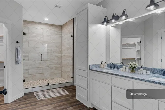 a bathroom with a double vanity sink and mirror