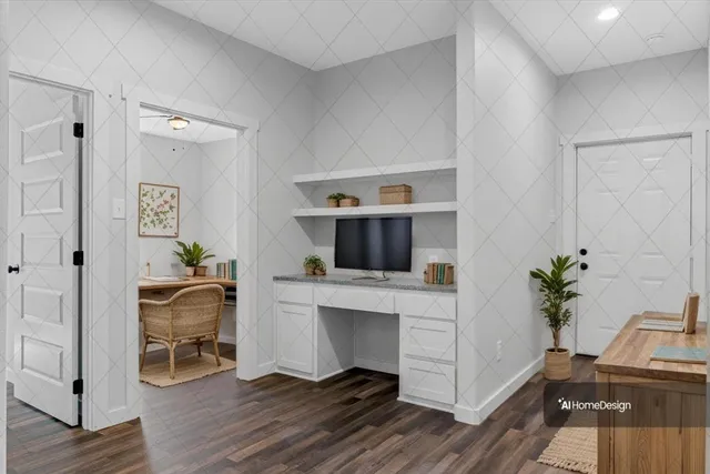 a living room with furniture a fireplace and potted plants