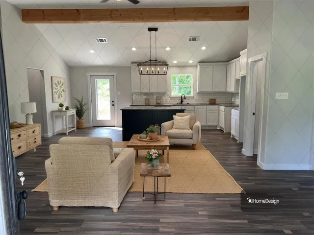 a living room with furniture and a chandelier