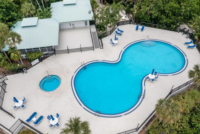 an aerial view of a swimming pool