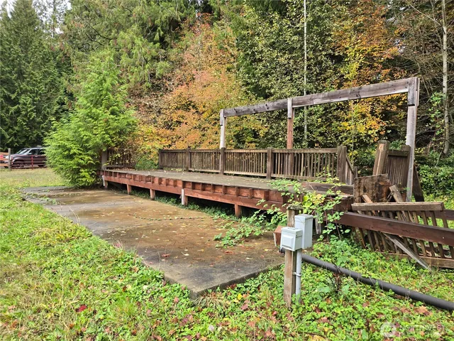 a garden view with a seating space