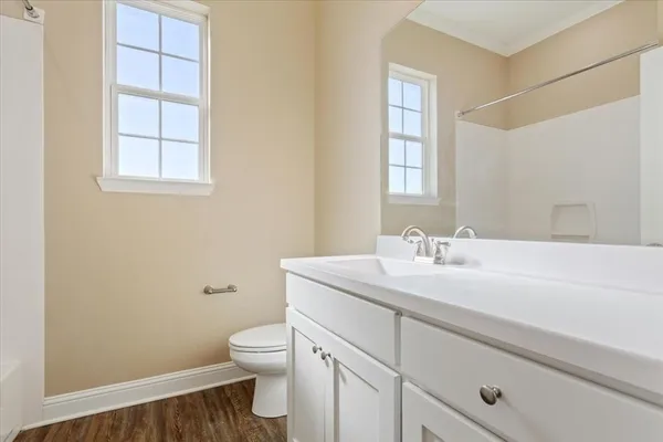 a bathroom with a sink toilet vanity and window