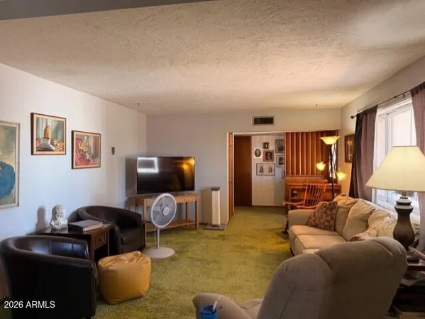 a living room with furniture a lamp and a flat screen tv