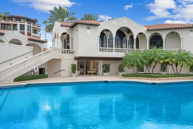 a view of a building with a swimming pool