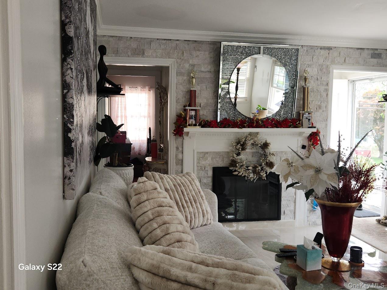 46 Randolph Road White Plains, NY 10607 - Photo 5 of 11 Living room featuring ornamental molding, healthy amount of natural light, and a glass covered fireplace