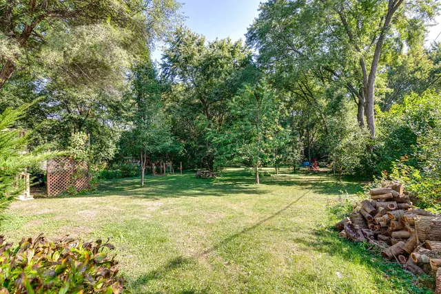 a view of an house with backyard and a tree