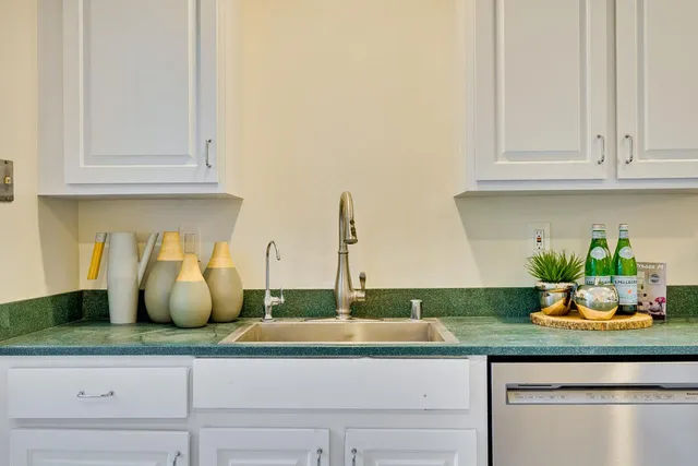 a kitchen with granite countertop white cabinets and a potted plant
