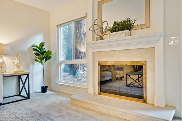 a view of a living room that has a fireplace and a potted plant on it