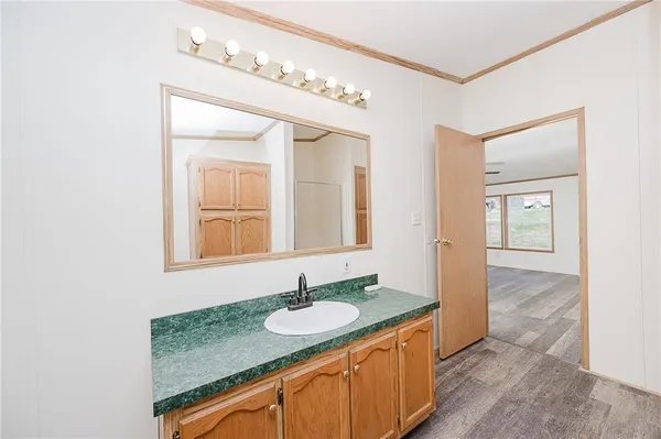 a bathroom with a granite countertop sink and a mirror