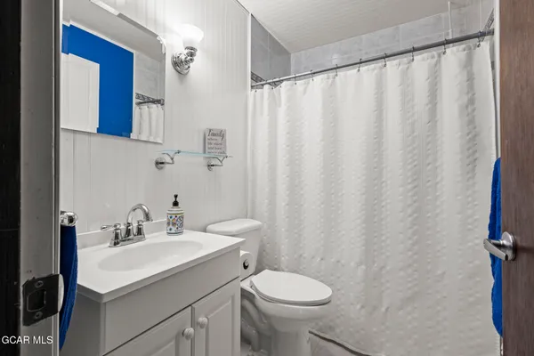 a bathroom with a sink a toilet and shower curtain