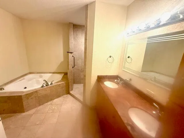 a bathroom with a tub a sink and a mirror