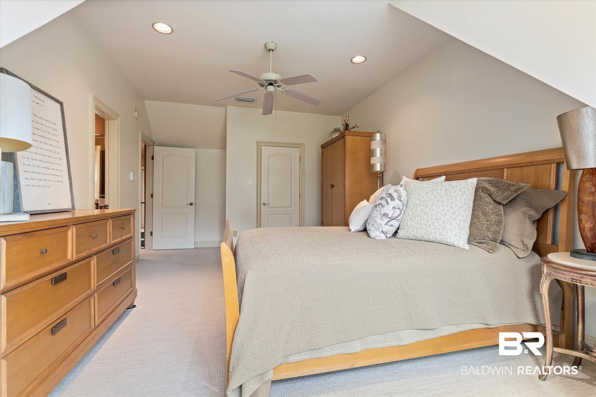 2905 Riverview Pointe Drive South Theodore, AL 36582 - Photo 23 of 44 Bedroom featuring light colored carpet, a ceiling fan, and recessed lighting