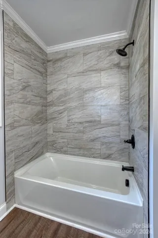 a bathroom with a bathtub and a shower