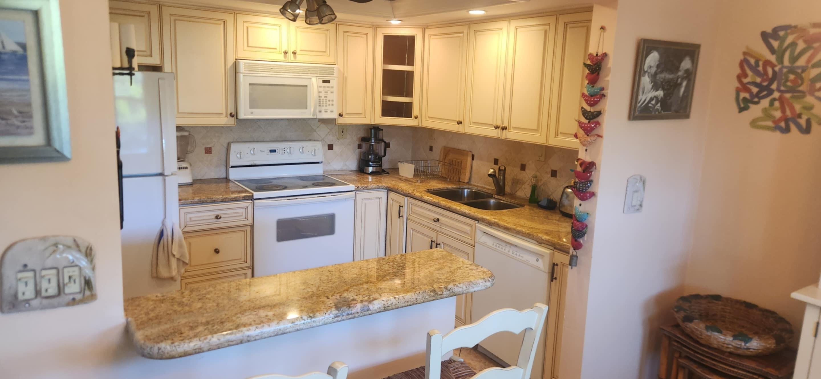 5510 North Ocean Boulevard, Unit 206 Ocean Ridge, FL 33435 - Photo 5 of 23 a kitchen with stainless steel appliances granite countertop a stove a sink and a refrigerator