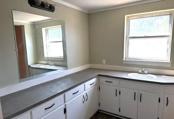 a view of a kitchen sink window and cabinets