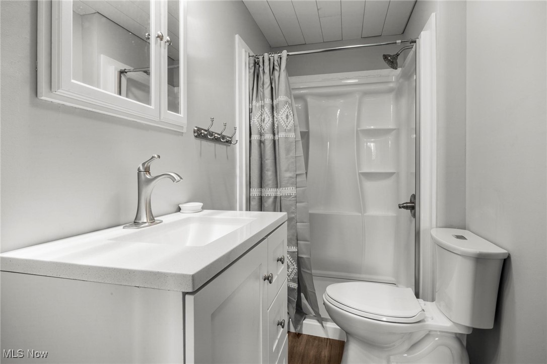 3290 State Rte 534 Geneva, OH 44041 - Photo 14 of 43 Bathroom featuring walk in shower, vanity, wood-type flooring, and toilet