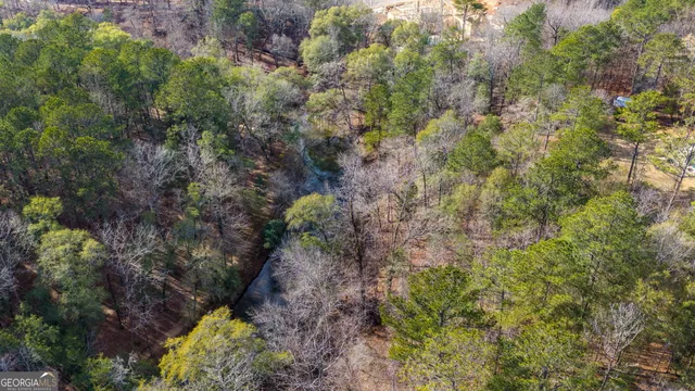 a aerial view of a house with a yard and large trees
