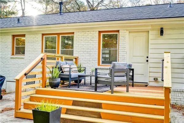 a building outdoor space with patio furniture