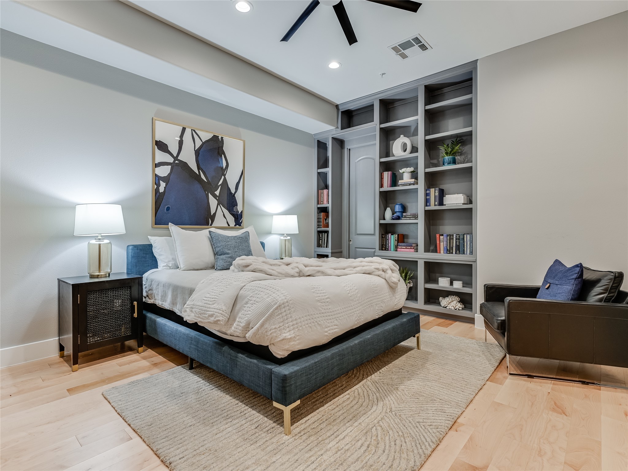 1529 Barton Springs Road, Unit 13 Austin, TX 78704 - Photo 19 of 35 a bedroom with a bed furniture and a chandelier