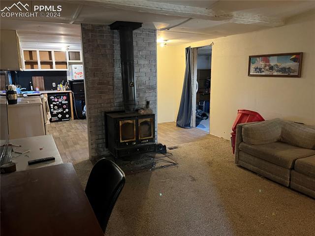 1475 North Curtis Road Colorado Springs, CO 80930 - Photo 7 of 13 Living room featuring light wood-type flooring and a wood stove
